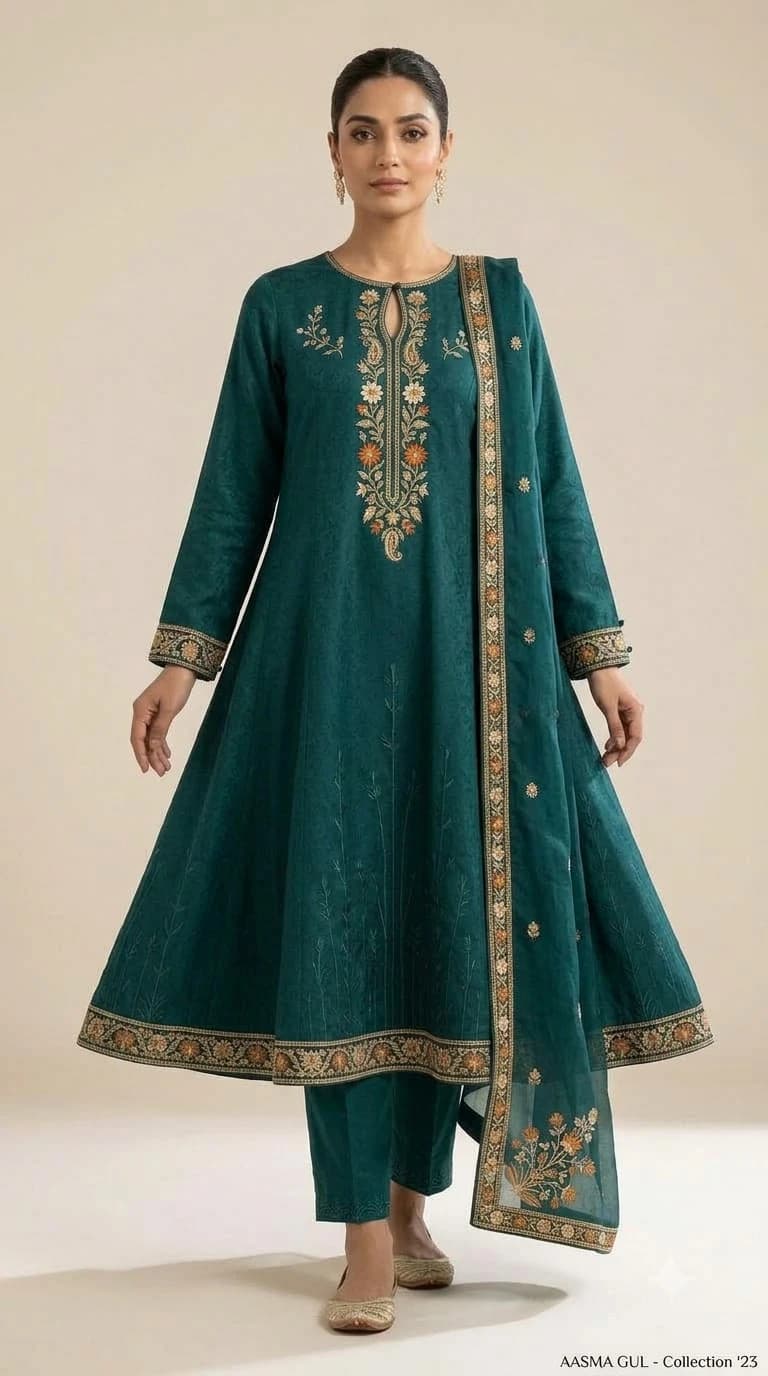 Aasma Gul Embroidered Umbrella-Cut Pakistani Suit
