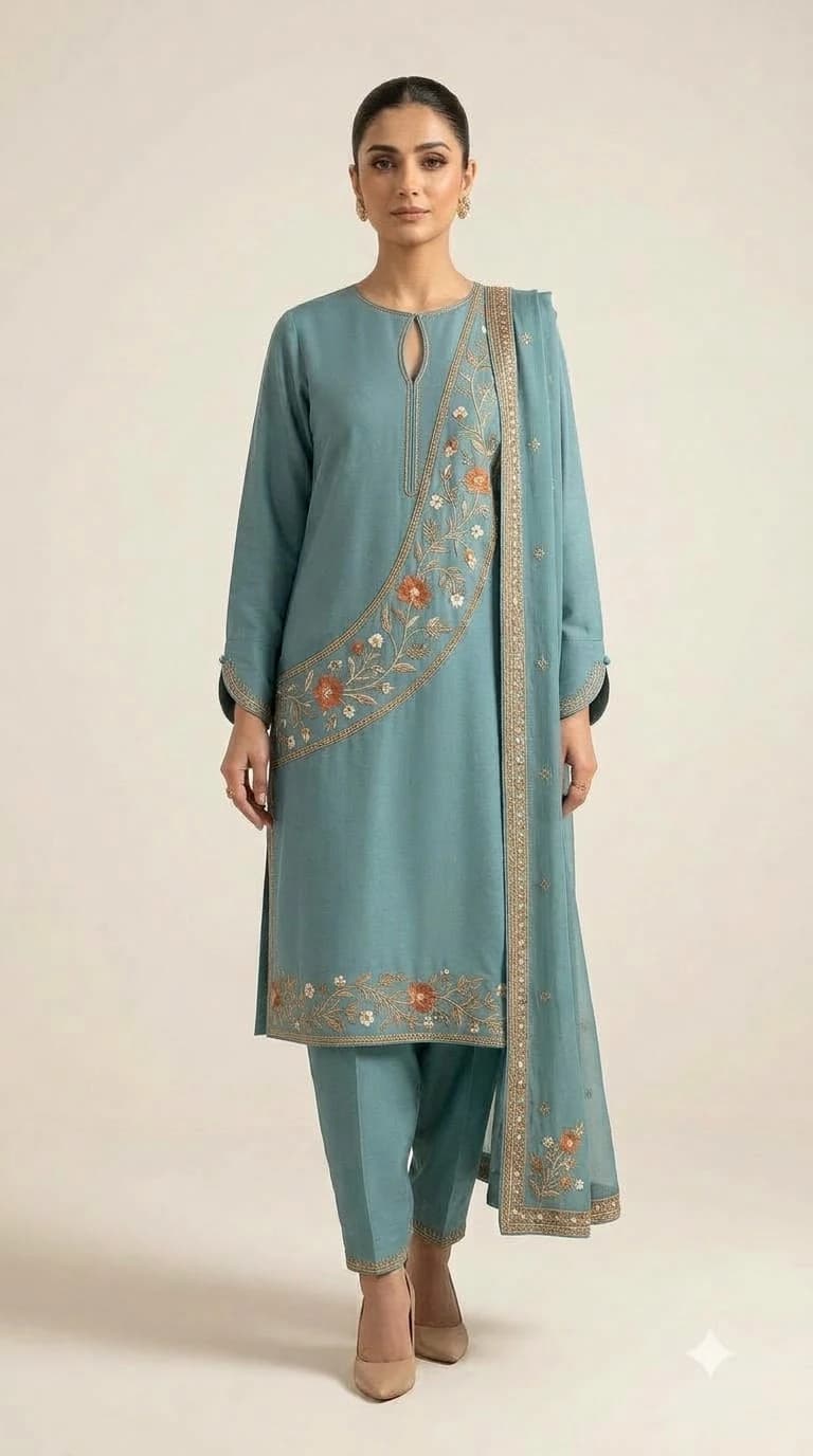 Roshni Gul Embroidered Curved-Front Overlay Pakistani Suit