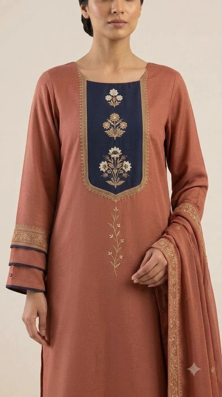 Mehrab Noor Embroidered Inset-Neckline Pakistani Suit