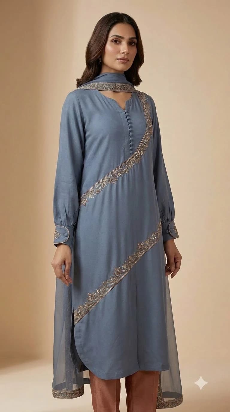 Mahira Saaz Embroidered Diagonal-Seam Pakistani Suit