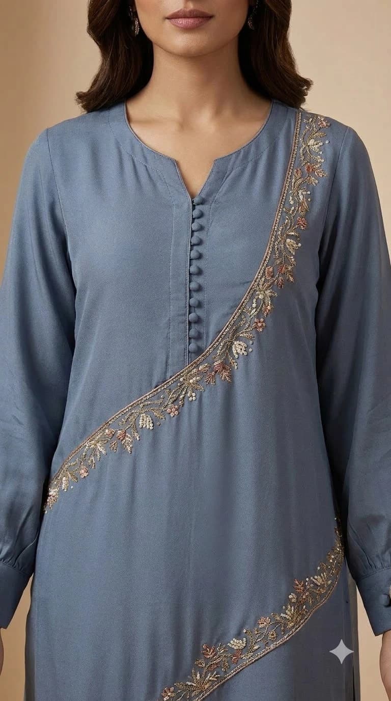 Mahira Saaz Embroidered Diagonal-Seam Pakistani Suit