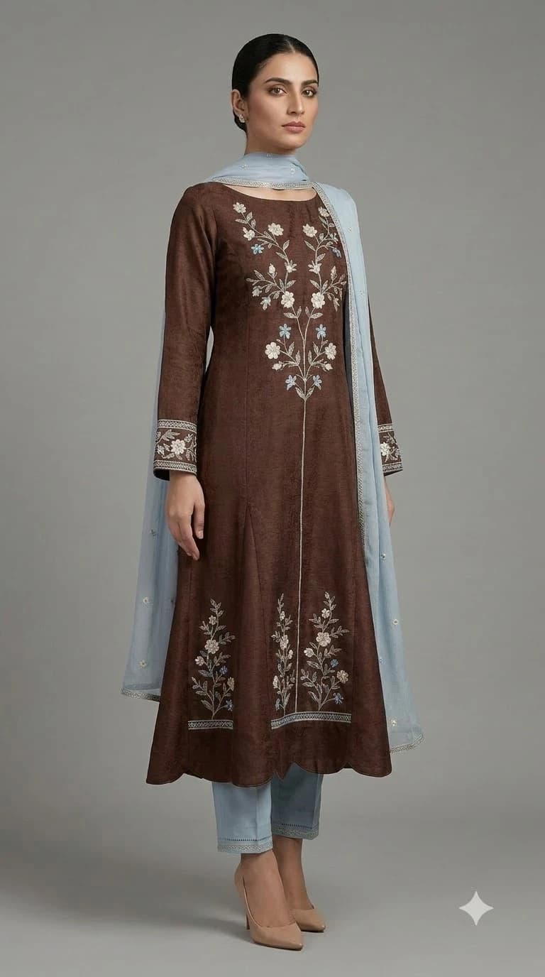 Raqs-e-Noor Embroidered Trumpet-Panel Pakistani Suit