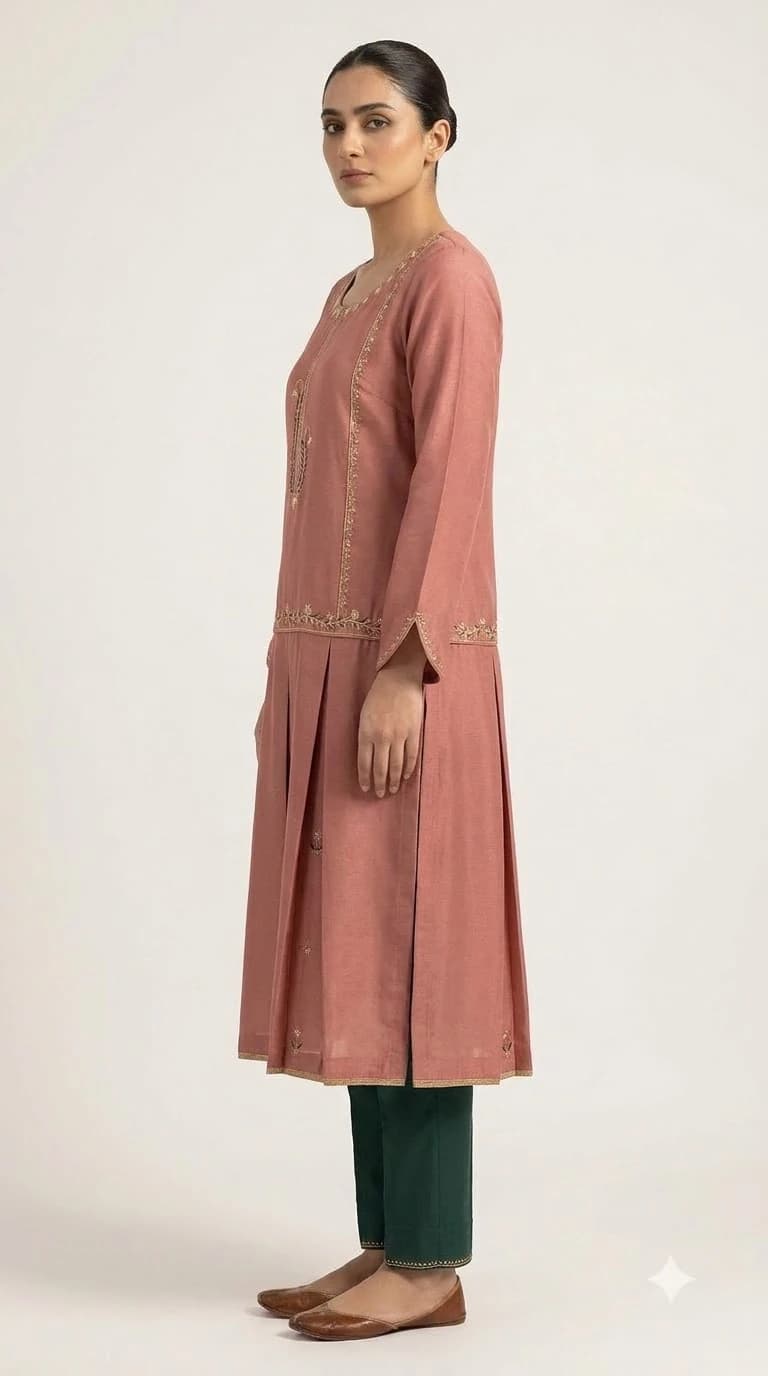 Zeenat-e-Rang Embroidered Dropped-Waist Pleat-Panel Pakistani Suit