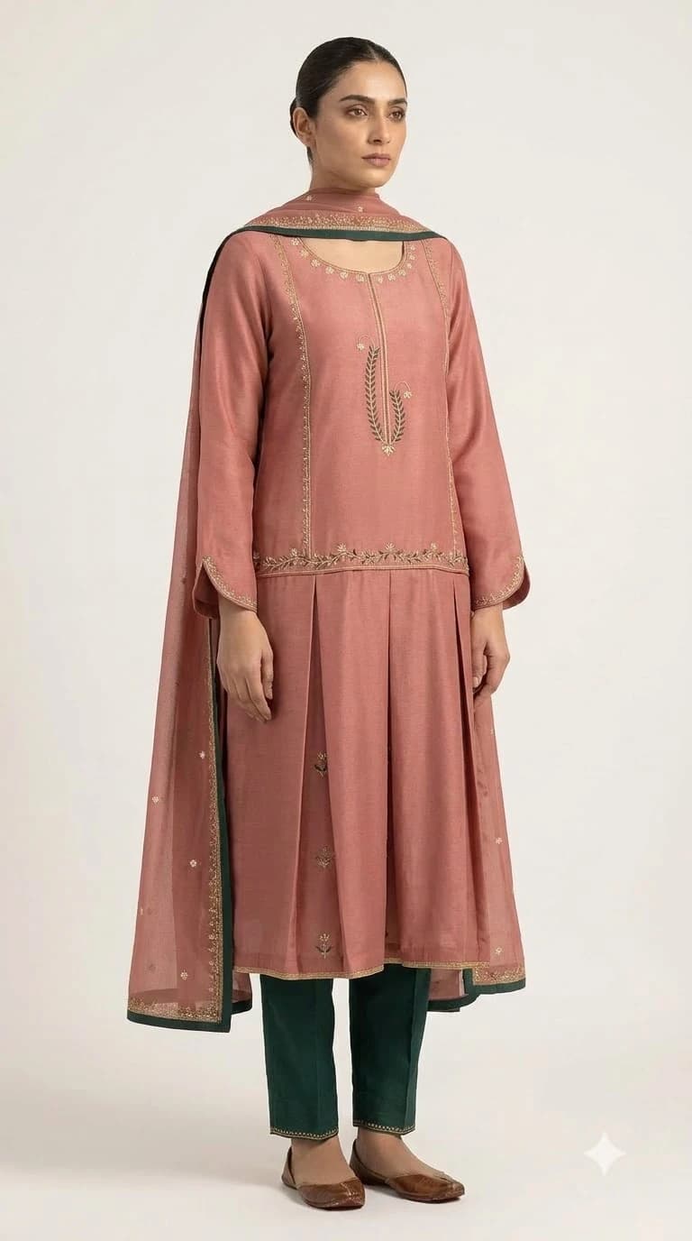 Zeenat-e-Rang Embroidered Dropped-Waist Pleat-Panel Pakistani Suit