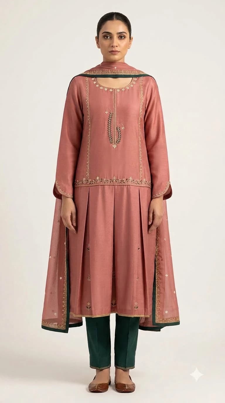 Zeenat-e-Rang Embroidered Dropped-Waist Pleat-Panel Pakistani Suit
