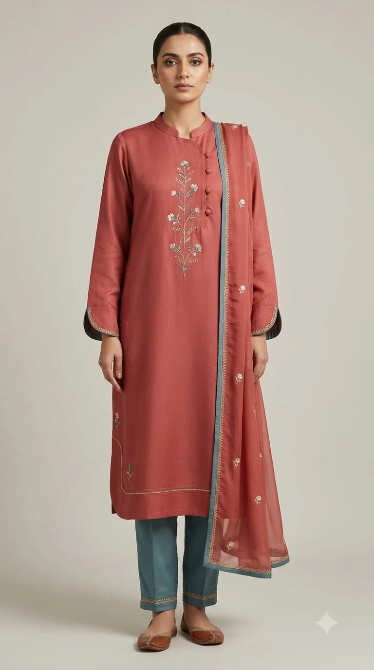 Mahveen Noor Embroidered Curved-Collar Pakistani Suit