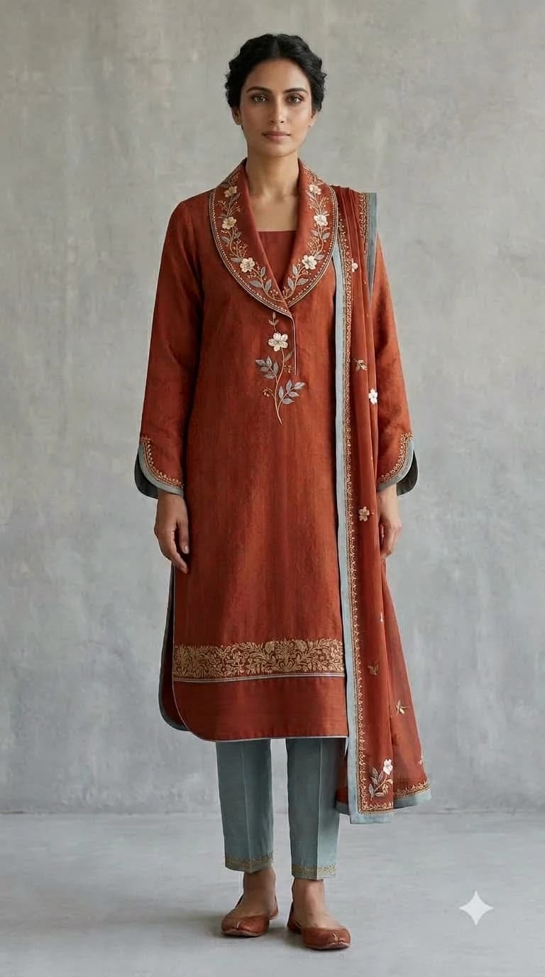 Zohra-e-Rang Embroidered Shawl-Collar Pakistani Suit