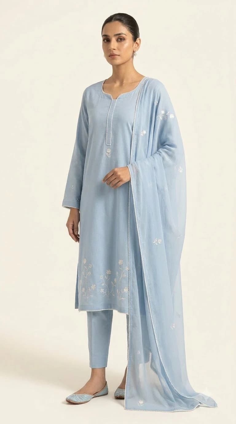 Powder Blue Minimal Embroidered Straight Pakistani Suit