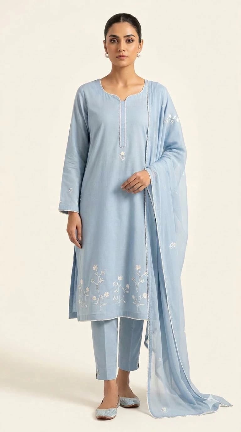 Powder Blue Minimal Embroidered Straight Pakistani Suit